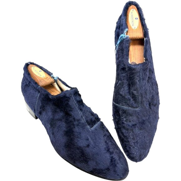 Josefina Ferroni Navy Blue Genuine Rabbit Fur Zip Flats - Picture 10 of 10